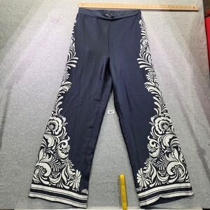 Ellen Tracy Womens Navy Blue Floral Border Print Wide Leg Elastic Waist Pants S